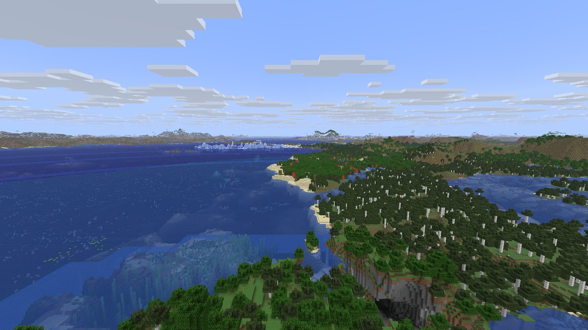 A coastline with forest and open ocean running out to a distant horizon. The far terrain is drawn by Everfar.
